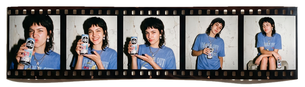 Five film frames of a woman posing with a GOKO can