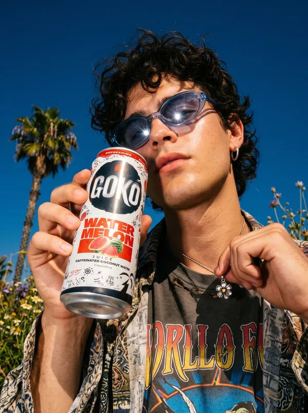 Man outdoors holding a GOKO Watermelon can